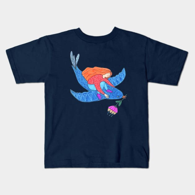 Flying On A Giant Bird Kids T-Shirt by DoodlesAndStuff